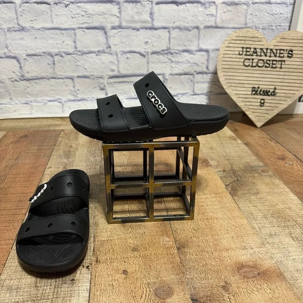 Crocs Unisex Classic Two-Strap Slide Sandals, Black, 7 Men’s, 9 Women’s